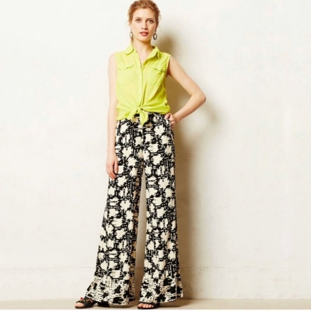 Anthropologie Lilka Prescott Wide Leg Black & Cream Print Pants Size Small